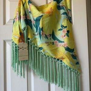 NWT FARM Rio Fringe Cover Up Tropical Swimwear Beach Sarong Floral Yellow Green